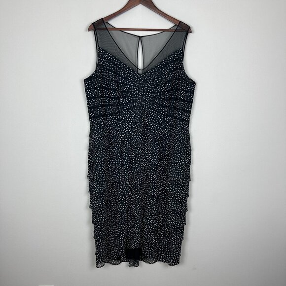 Adrianna Papell Dress 20W Black Tiered Sheath Polka Dot Ruffles Cocktail Mesh - Picture 1 of 12